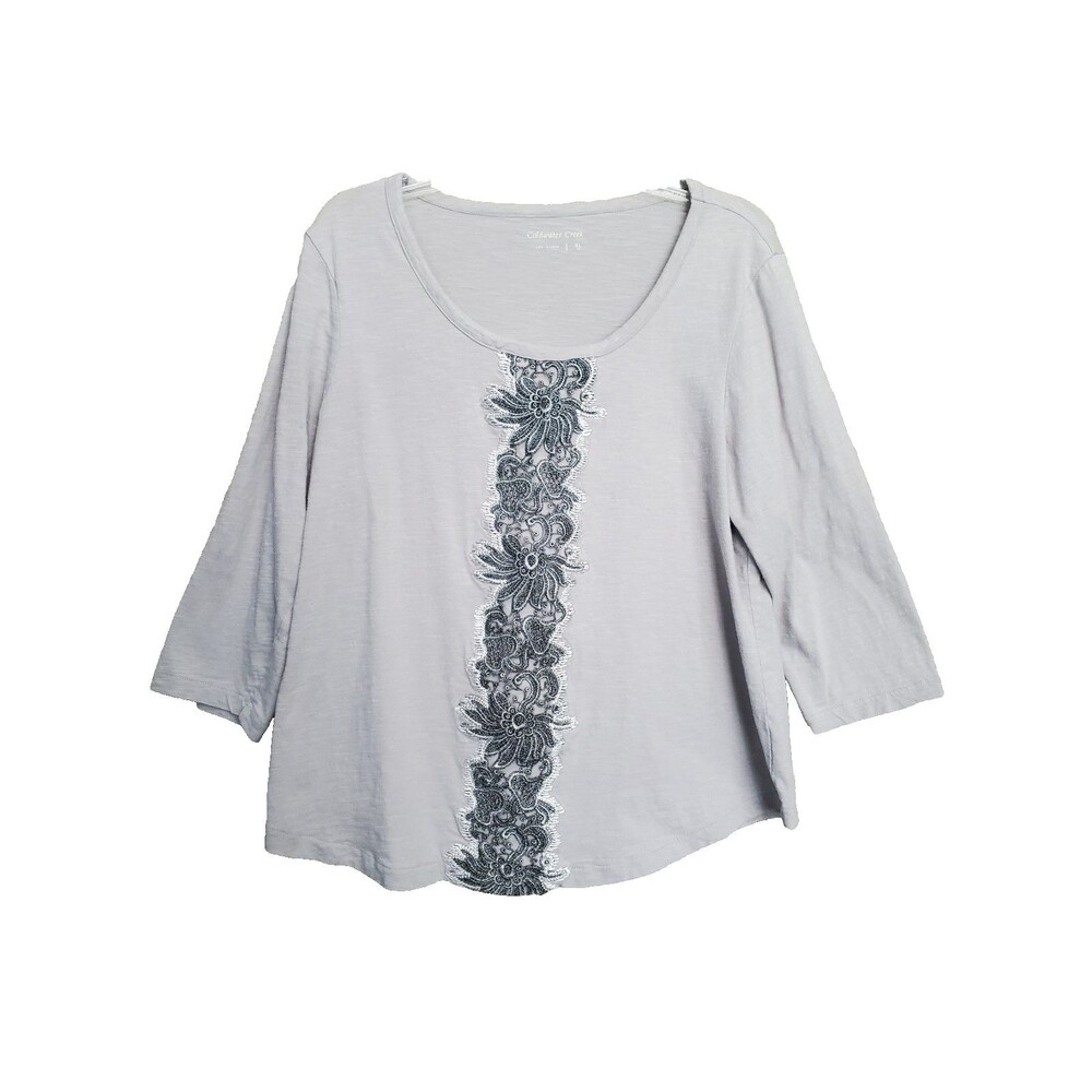 Coldwater Creek Gray Slub Knit Embroidered Scoop Neck T-Shirt Size XL